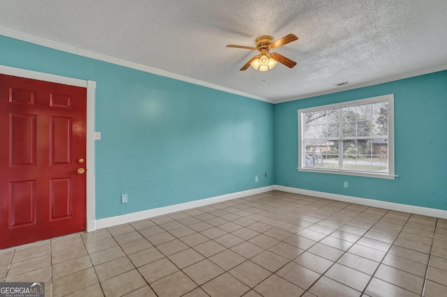 107 Overland Trl, Savannah, GA 31419 - unfurnished room with a ceiling fan, a textured ceiling, ornamental molding, and light tile patterned flooring
