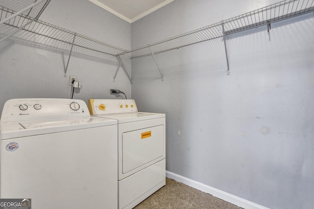 107 Overland Trl, Savannah, GA 31419 - laundry room with separate washer and dryer, ornamental molding, and light carpet