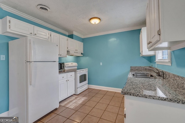 107 Overland Trl, Savannah, GA 31419 - kitchen with white appliances, under cabinet range hood, white cabinets, light tile patterned floors, and light stone counters