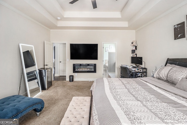 224 Jester Ct, Mcdonough, GA 30252 - bedroom with carpet floors, crown molding, a glass covered fireplace, and a tray ceiling