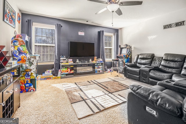 224 Jester Ct, Mcdonough, GA 30252 - living room with visible vents, carpet flooring, and ceiling fan