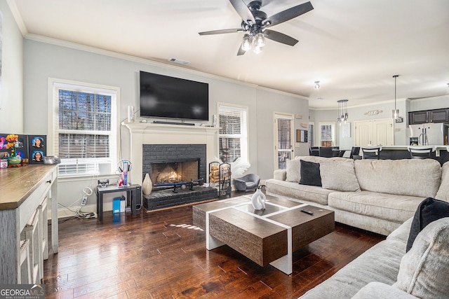 224 Jester Ct, Mcdonough, GA 30252 - living room with ceiling fan, dark wood-style floors, ornamental molding, and visible vents