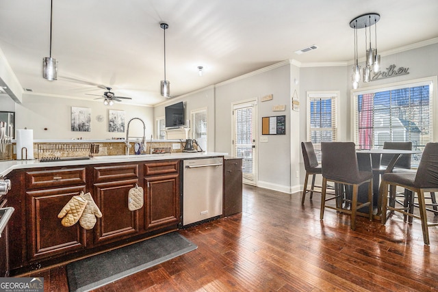 224 Jester Ct, Mcdonough, GA 30252 - kitchen with ceiling fan, visible vents, dishwasher, light countertops, and dark wood-style floors