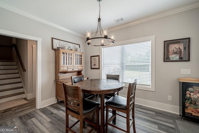 dining space with crown molding, visible vents, stairway, a chandelier, and baseboards