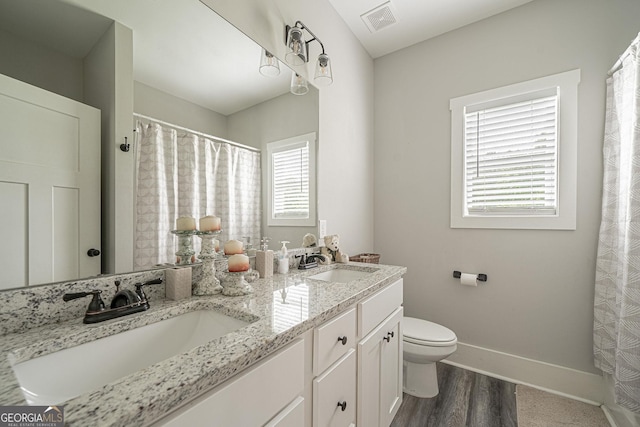 bathroom with baseboards, visible vents, a sink, and wood finished floors