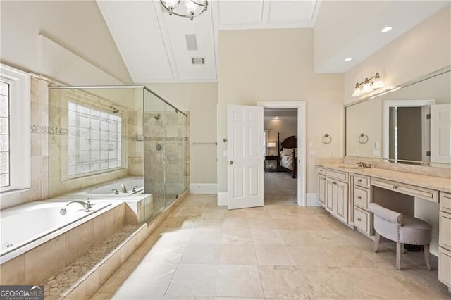 bathroom featuring tile patterned floors, separate shower and tub, vanity, and high vaulted ceiling