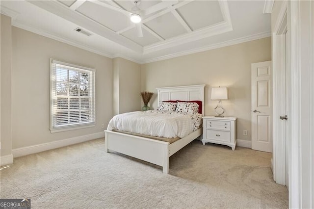 bedroom featuring ornamental molding, coffered ceiling, light colored carpet, and ceiling fan