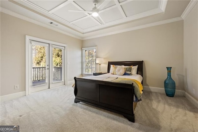 bedroom with coffered ceiling, light carpet, crown molding, and access to outside