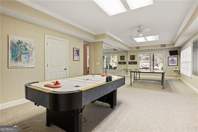 game room featuring ceiling fan, crown molding, and carpet floors