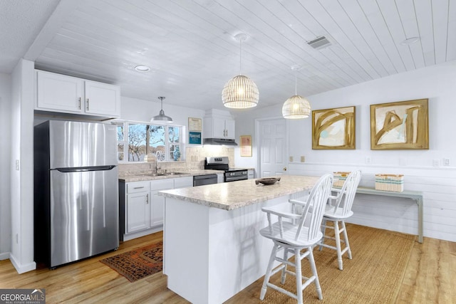 kitchen featuring light wood finished floors, visible vents, stainless steel appliances, white cabinetry, and a sink