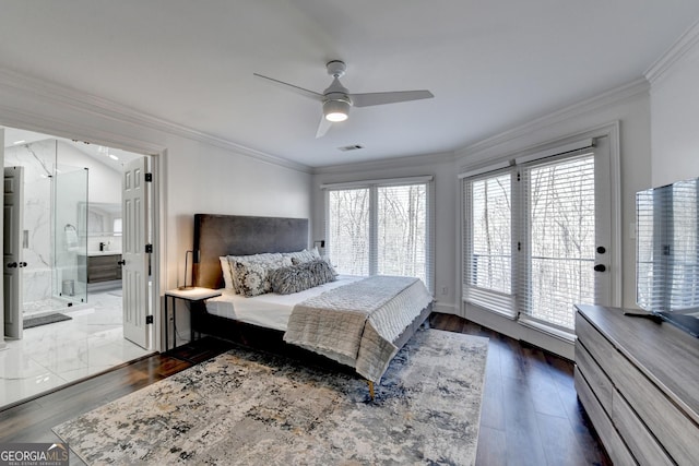 bedroom with ornamental molding, access to outside, wood finished floors, and ceiling fan