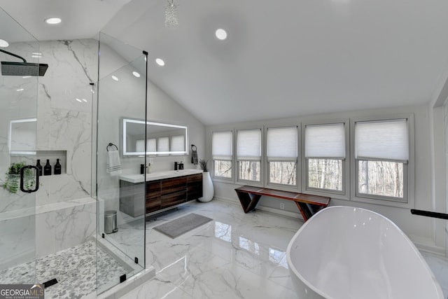 full bath featuring a soaking tub, marble finish floor, recessed lighting, and a marble finish shower