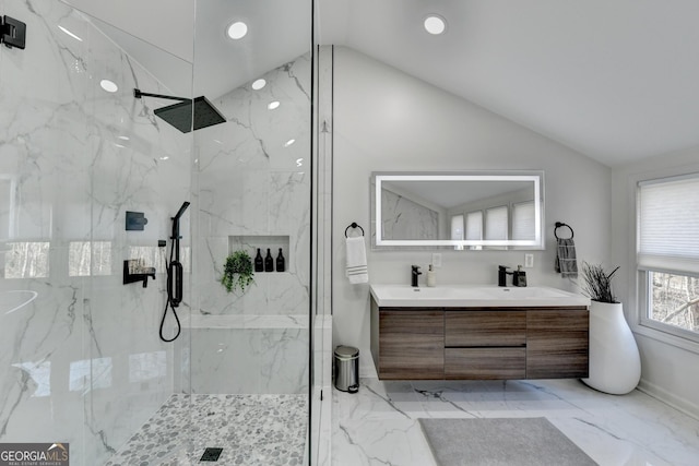 full bathroom featuring recessed lighting, lofted ceiling, marble finish floor, and a marble finish shower