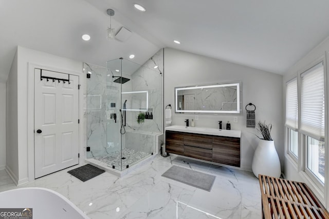 bathroom featuring recessed lighting, vaulted ceiling, a wealth of natural light, and a marble finish shower