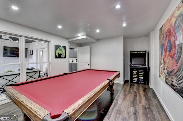 game room featuring baseboards, wood finished floors, pool table, and recessed lighting