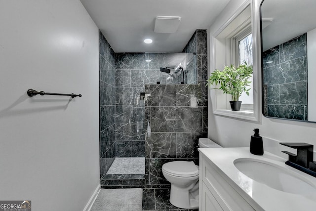full bathroom featuring walk in shower, marble finish floor, vanity, and toilet