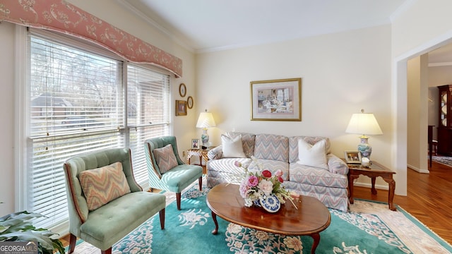 living room featuring crown molding and hardwood / wood-style floors