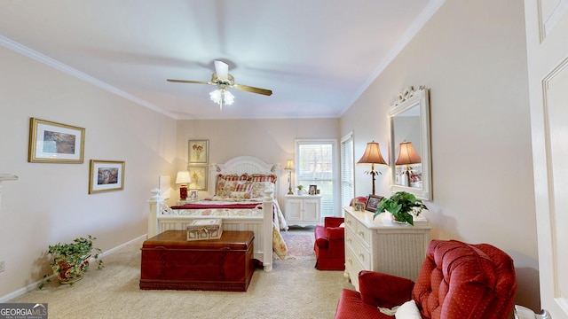 carpeted bedroom with ornamental molding