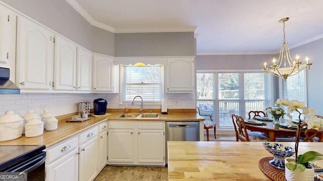 kitchen with hanging light fixtures, a notable chandelier, sink, wood counters, and white cabinets