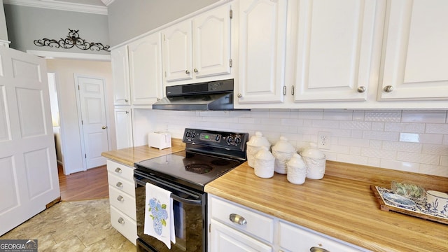 kitchen featuring white cabinetry, range hood, crown molding, black range with electric cooktop, and tasteful backsplash