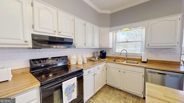 kitchen featuring dishwasher, crown molding, black electric range, sink, and white cabinetry