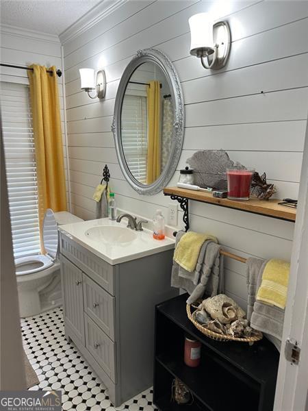 bathroom featuring vanity, crown molding, toilet, and a textured ceiling