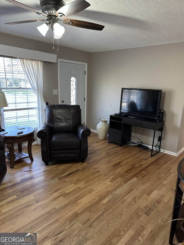 living room with a textured ceiling and wood-type flooring