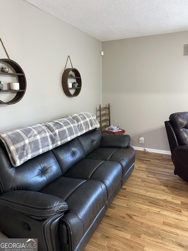 living room with a textured ceiling and light hardwood / wood-style flooring