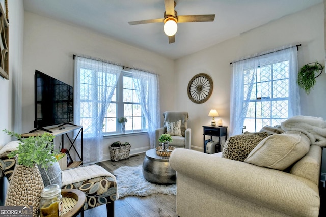 185 Sundown Trl, Ellijay, GA 30540 - living area featuring ceiling fan and wood finished floors