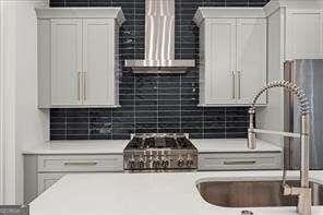 kitchen with wall chimney range hood, white cabinetry, and tasteful backsplash