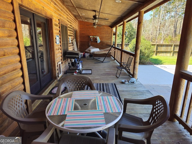 view of patio / terrace with covered porch, french doors, ceiling fan, and grilling area