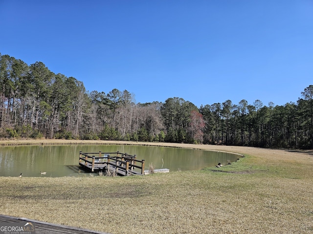 view of dock featuring a lawn and a water view