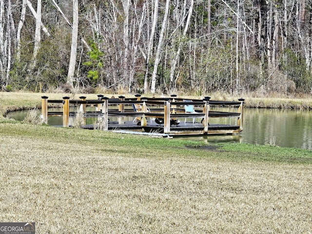 dock area with a water view and a lawn