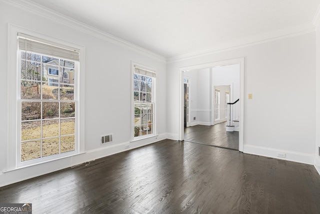 unfurnished room featuring baseboards, visible vents, stairway, ornamental molding, and dark wood-type flooring