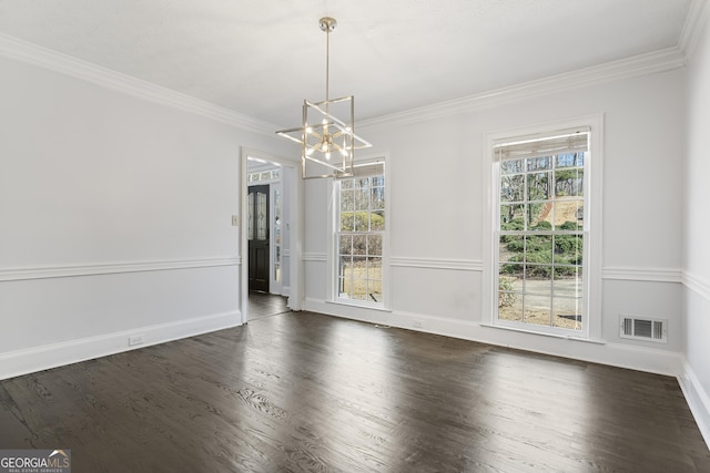 unfurnished dining area with a healthy amount of sunlight, visible vents, and dark wood-style flooring