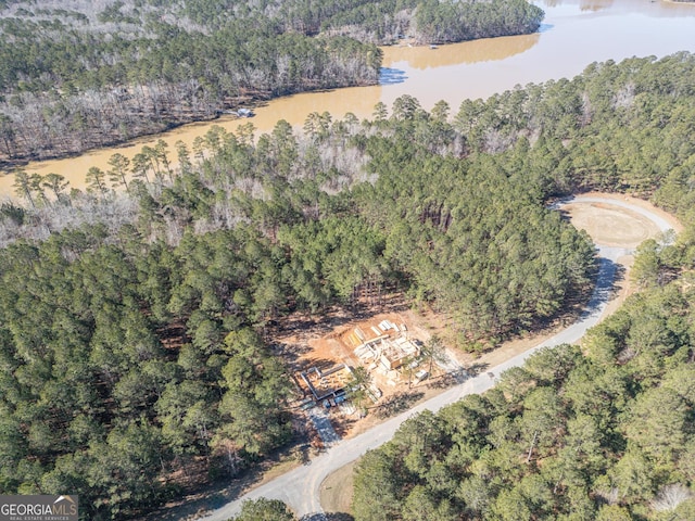 bird's eye view featuring a forest view and a water view