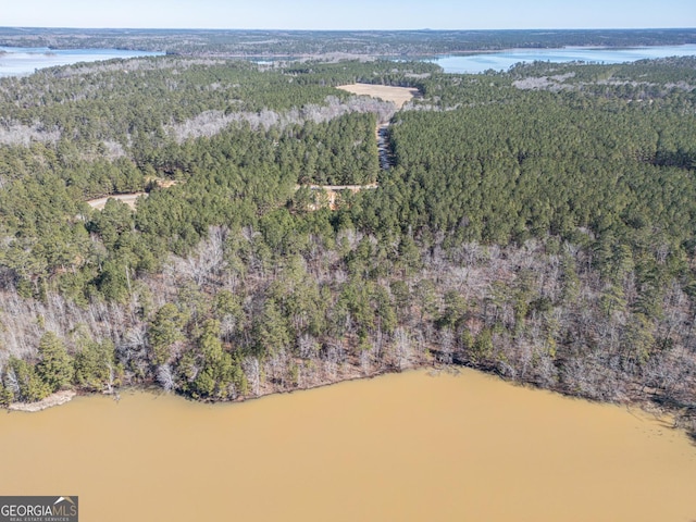 birds eye view of property with a water view and a wooded view