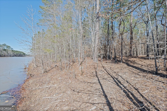 exterior space with a water view and a wooded view