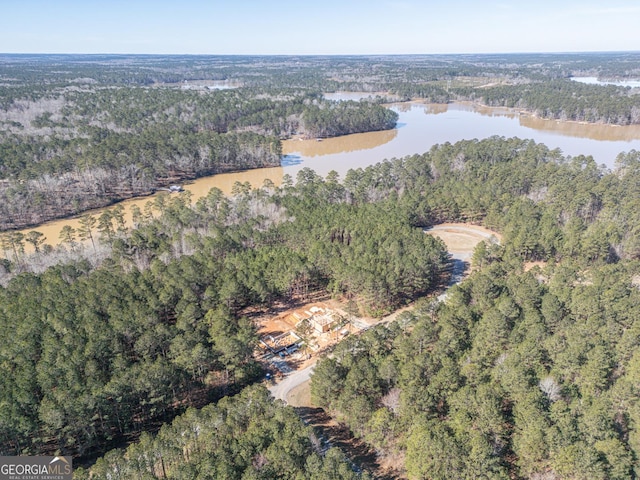 drone / aerial view with a water view and a wooded view