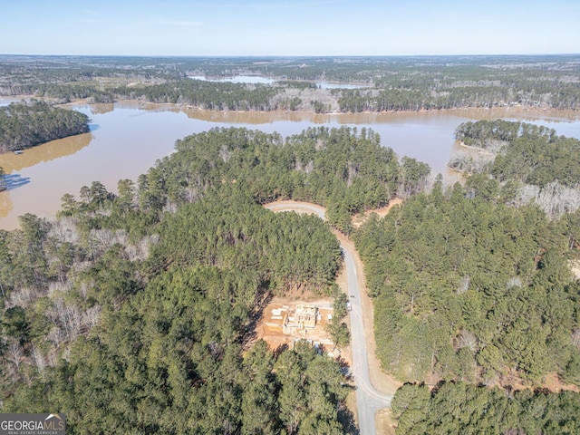 aerial view featuring a wooded view and a water view