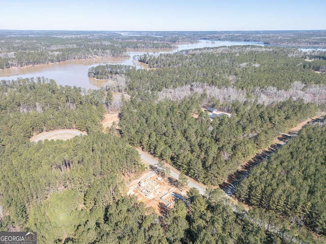 drone / aerial view with a view of trees and a water view