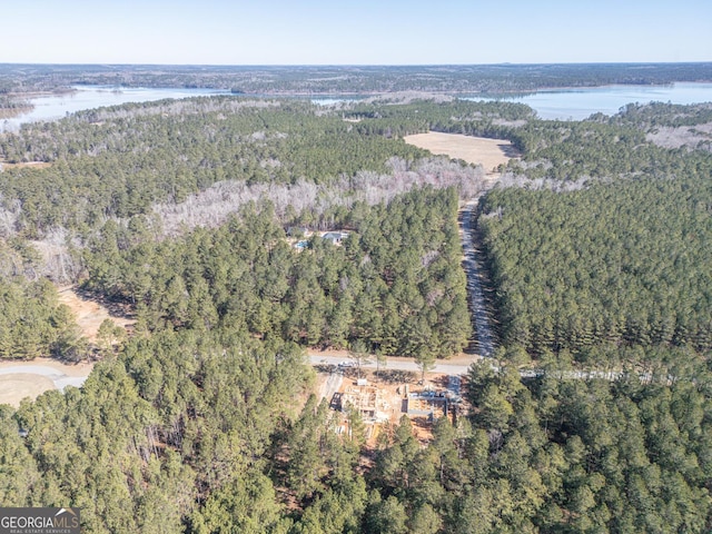 bird's eye view with a forest view and a water view