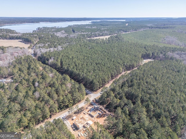 birds eye view of property featuring a wooded view and a water view