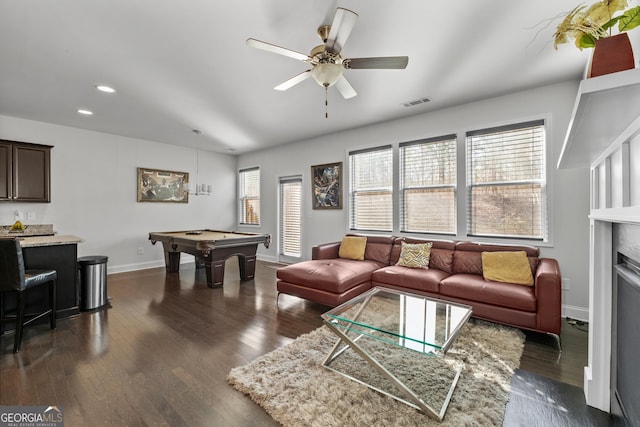 living area with recessed lighting, pool table, visible vents, baseboards, and dark wood-style floors