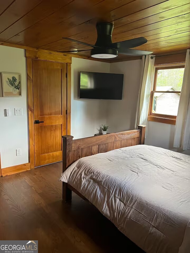 bedroom featuring wood ceiling and dark hardwood / wood-style floors