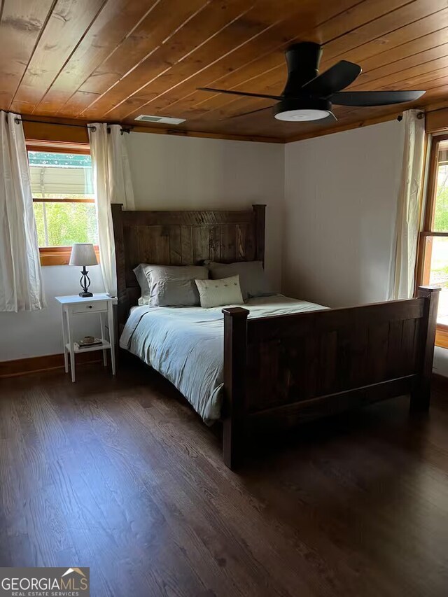 bedroom featuring wooden ceiling, dark hardwood / wood-style floors, and ceiling fan