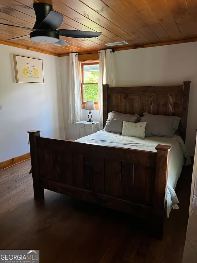 bedroom featuring ceiling fan, wood-type flooring, and wood ceiling