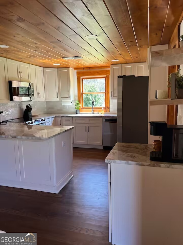 kitchen featuring sink, stainless steel appliances, white cabinets, light stone countertops, and wood ceiling