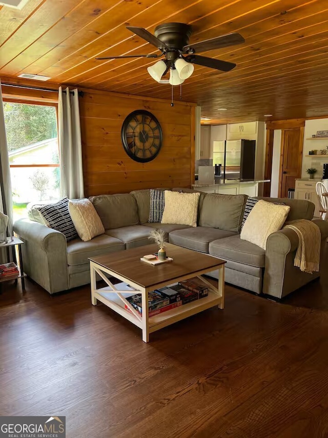 living room featuring wooden walls, ceiling fan, wooden ceiling, and dark hardwood / wood-style flooring