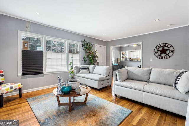 living room with ornamental molding and light hardwood / wood-style flooring